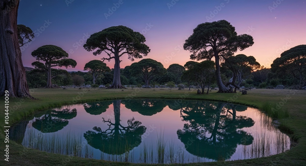 Aufkleber twilight sky reflecting on a still pond surrounded by ancient trees background serene scene creating