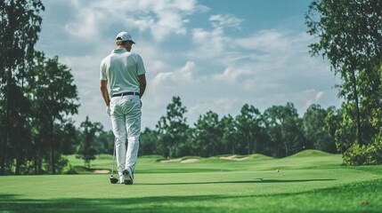 Obraz premium Male golfer in golf attire on green (golf course, institution, member)