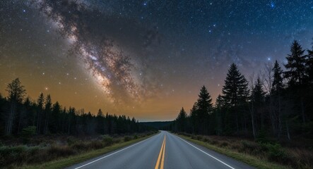Naklejka premium Twinkling stars visible above a quiet forest road background celestial beauty enhancing the peaceful ambiance of nature at night
