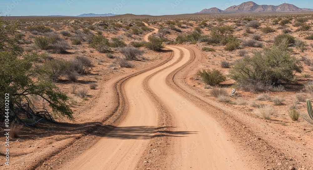 Poster winding dirt path leading through arid terrain dotted with sparse vegetation background inviting exp
