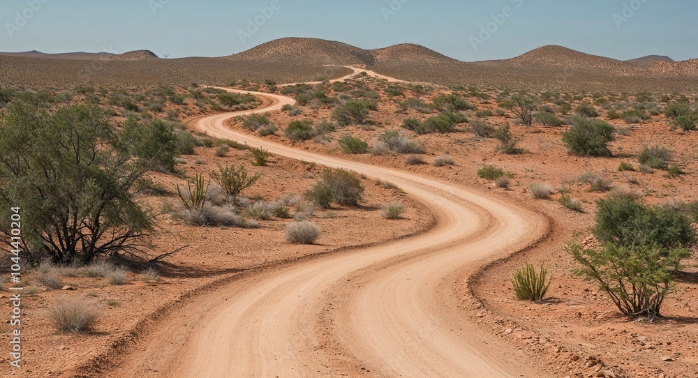 Poster winding dirt path leading through arid terrain dotted with sparse vegetation background inviting exp