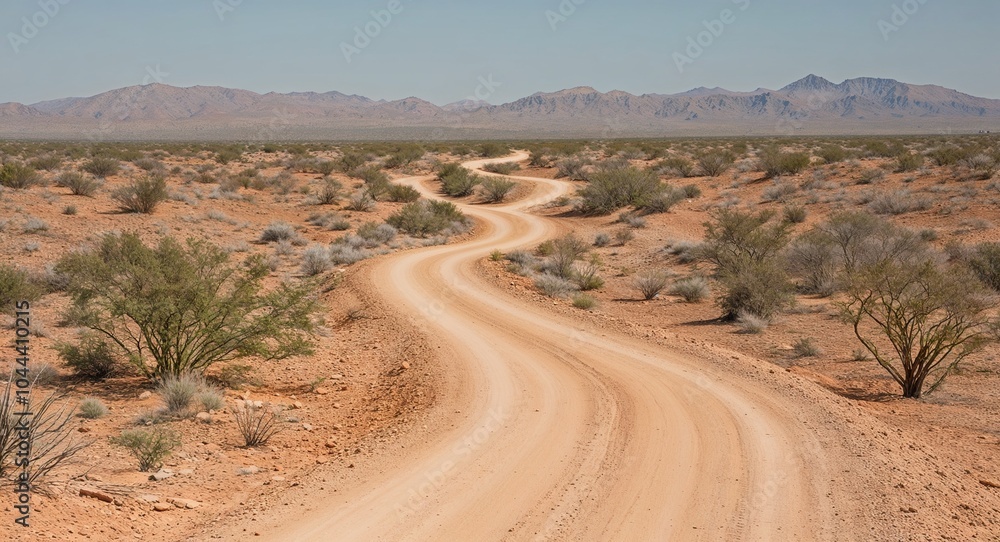 Poster winding dirt path leading through arid terrain dotted with sparse vegetation background inviting exp