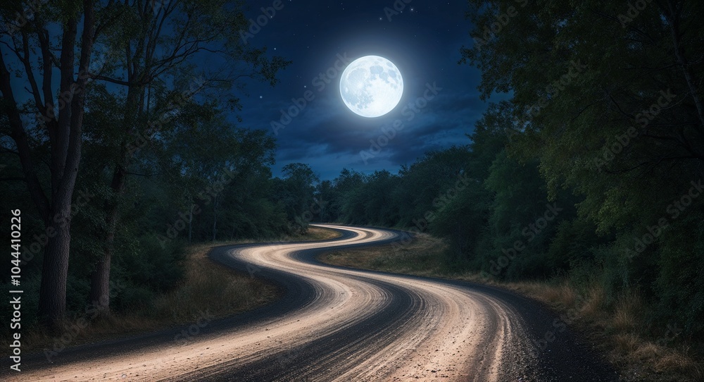 Poster winding dirt road illuminated by soft moonlight filtering through trees background creating a mystic