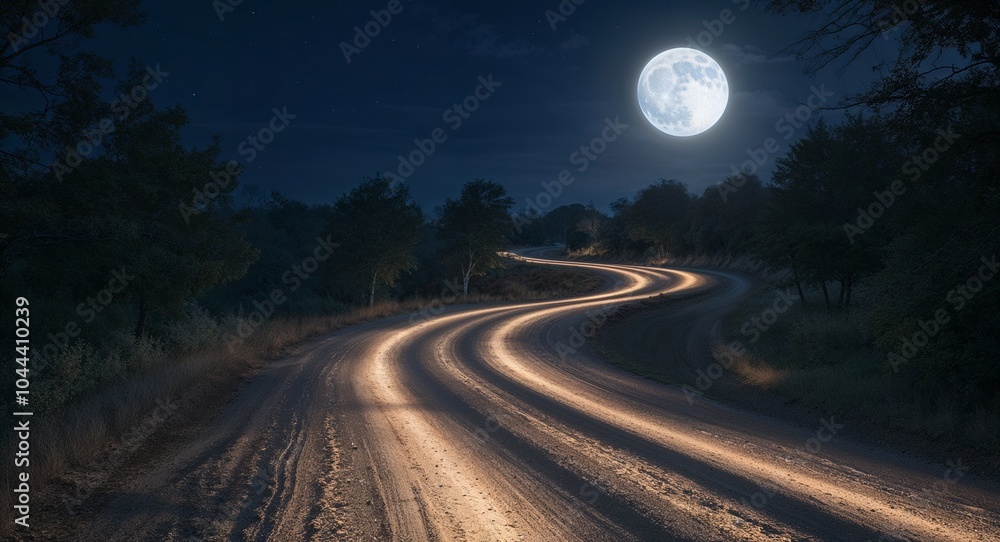 Poster winding dirt road illuminated by soft moonlight filtering through trees background creating a mystic