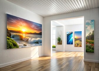 Obraz premium A dramatic break in the textured white wall opens up to a bright, minimalist space, harmonizing modern design elements with a sense of warmth and tranquility.