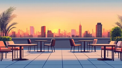 Obraz premium Rooftop Terrace with Cityscape at Sunset