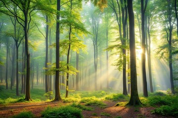 Obraz premium serene forest with misty trees in the morning light macro