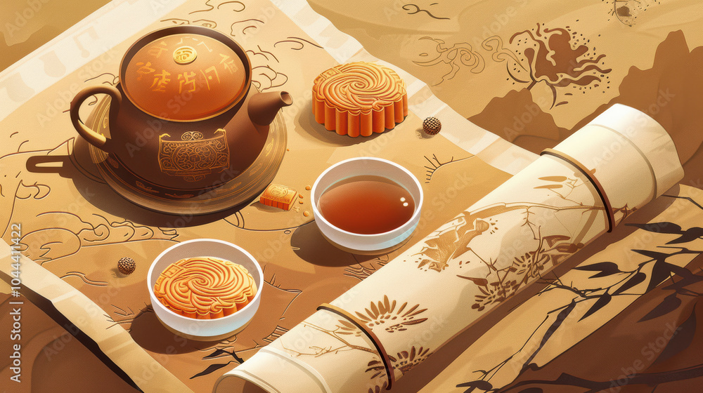 Poster delight in serene setup of mooncakes and tea on ancient scroll, evoking sense of tradition and tranq