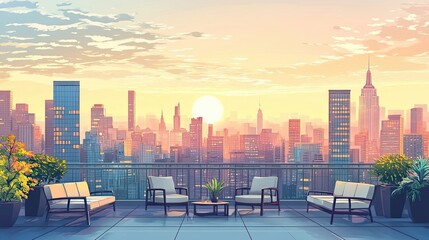 Rooftop Patio with City Skyline and Sunset View