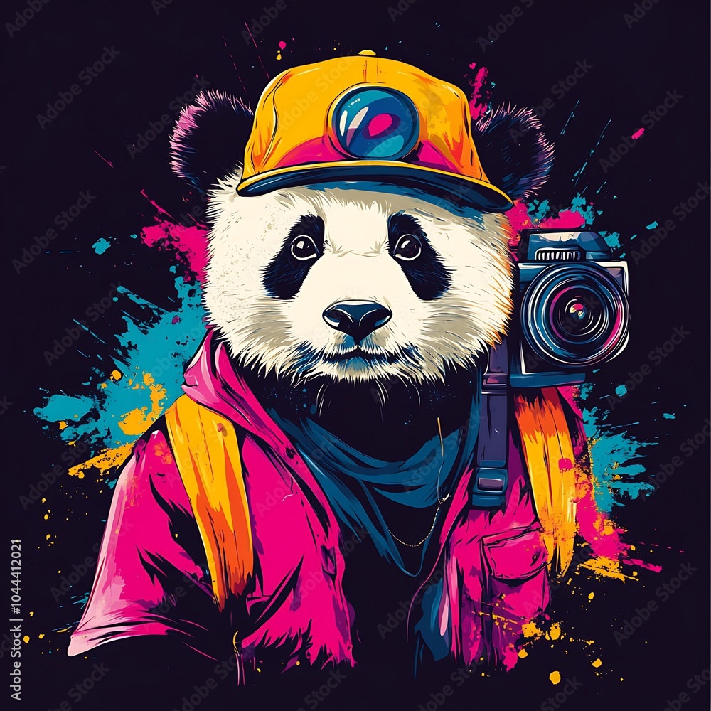 Poster a panda wearing a yellow cap and a jacket holding a camera in front of a splash of color.