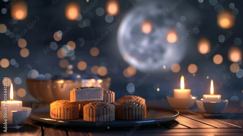 Poster mooncakes illuminated by candlelight create warm and inviting atmosphere under full moon. soft bokeh