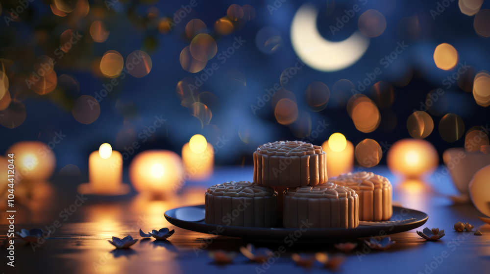 Poster delight in serene beauty of mooncakes illuminated by soft candlelight, creating warm and inviting at