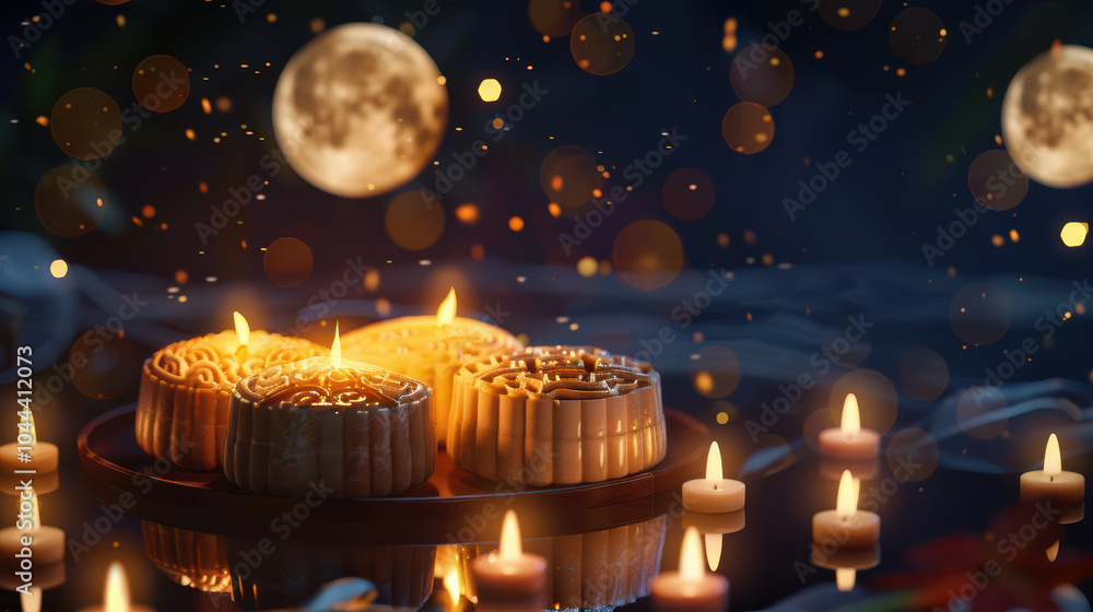 Poster mooncakes illuminated by candlelight create warm and inviting atmosphere under full moon. soft bokeh