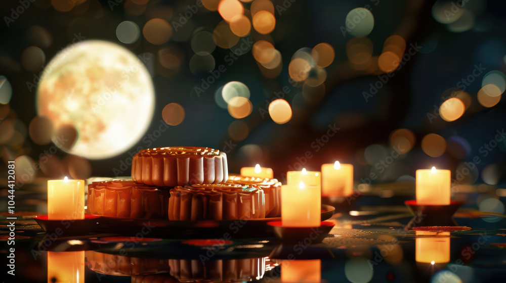 Poster mooncakes illuminated by candlelight create warm and inviting atmosphere under full moon. bokeh effe