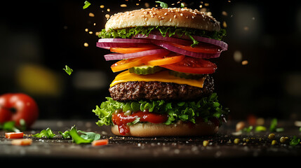 Fototapeta premium Floating Cheeseburger with Fresh Ingredients on a Black Background