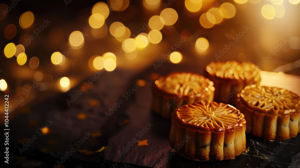 Poster traditional mooncakes on dark slate surface, illuminated by warm ambient light, create cozy and fest