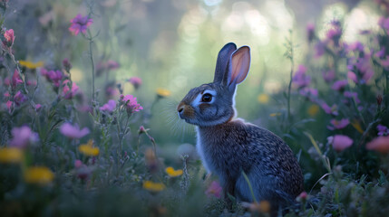 Obraz premium A curious brown rabbit amidst a colorful array of wildflowers.