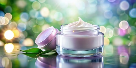 A refined glass jar of rich cream with a polished cap, resting on a soft backdrop. Captivating still life showcasing beauty and skincare essentials.