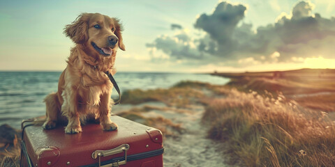a dog sitting on a suitcase, Playful Pup Sitting on a Packed Suitcase, 