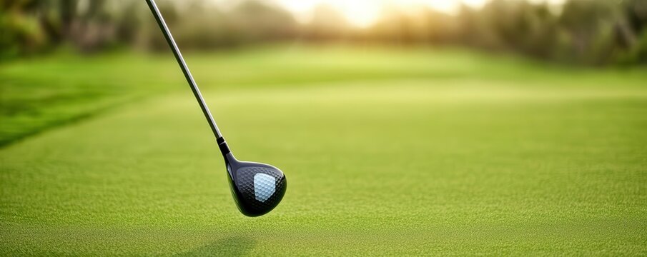 A player middrive, the club striking the ball with precision, bright green fairway ahead, sunlight reflecting off the clubface, ultrarealistic and focused golf moment