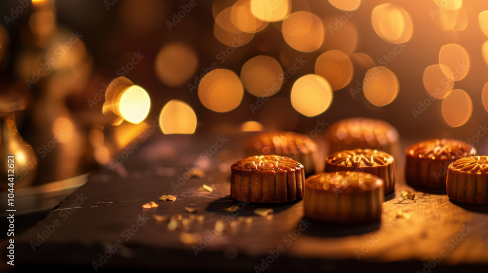 Poster traditional mooncakes arranged on dark slate surface, illuminated by warm ambient light, create cozy