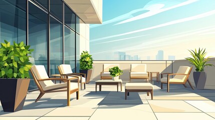 Fototapeta premium Furnished Rooftop Patio with City Skyline View