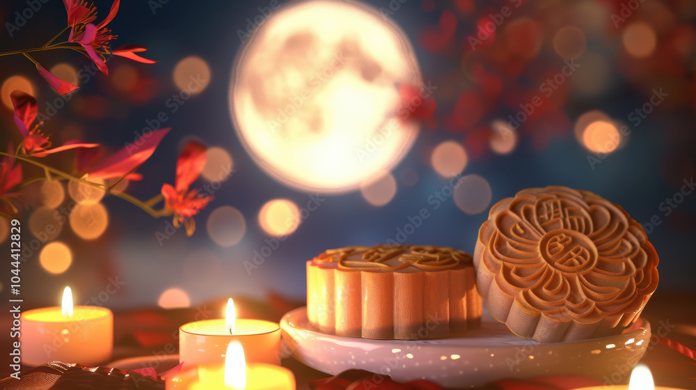 Aufkleber mooncakes under candlelit bokeh with full moon backdrop create serene and festive atmosphere. warm g