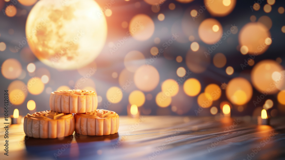 Poster delightful mooncakes are beautifully arranged under glowing full moon backdrop, surrounded by soft c