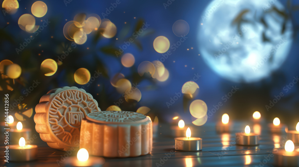 Poster mooncakes are beautifully arranged under candlelit bokeh with full moon backdrop, creating serene an
