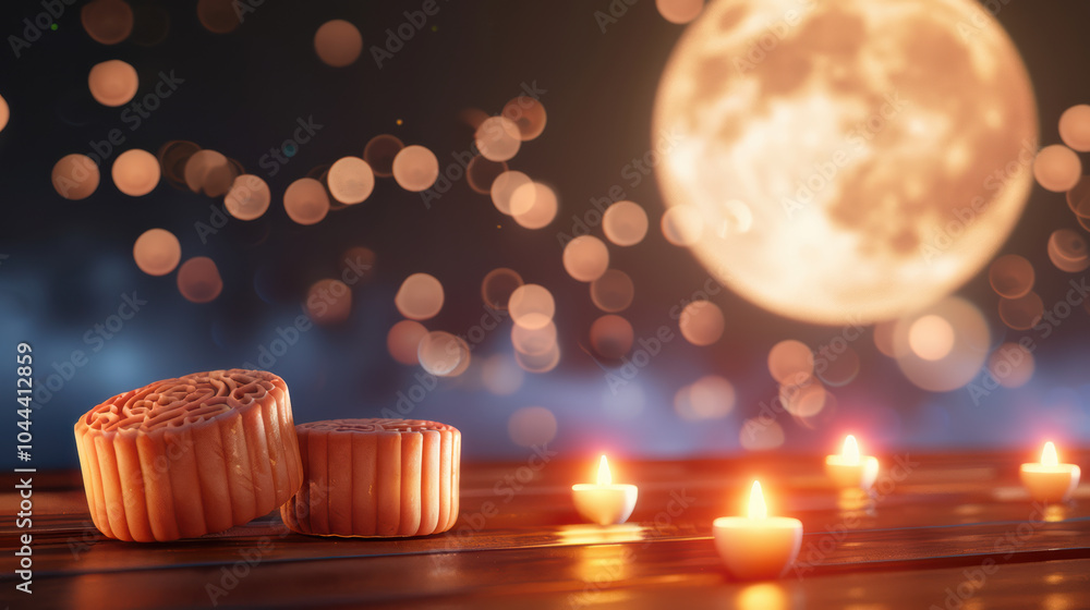 Poster mooncakes are beautifully arranged under full moon backdrop, surrounded by soft candlelight and boke