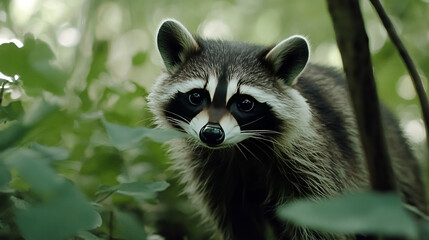 Curious raccoon peering through lush greenery in a forest.