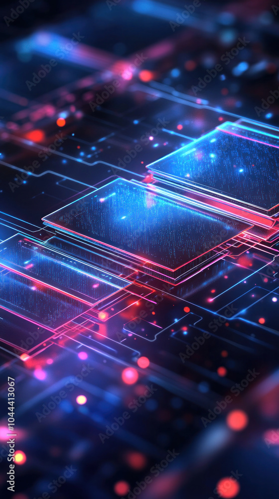 Poster a computer chip with a blue background and red and purple squares. the squares are all different siz