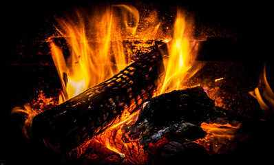 Hot Wood Burning Fireplace with Flames