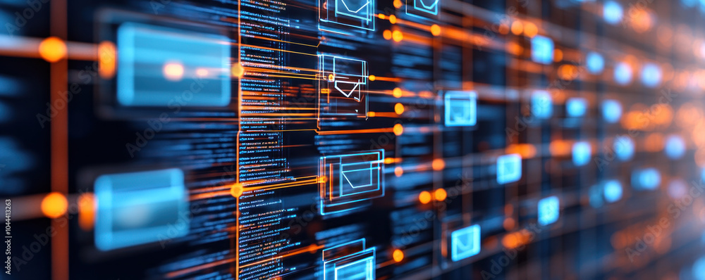 Poster a computer screen with a lot of orange and blue lines and shapes. the lines and shapes are all diffe