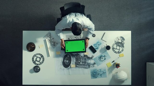 Top view of engineer looking at phone while working on tablet with green screen at meeting table with turbine engine or jet engine sketch design and various metal gear scatter around. Alimentation.