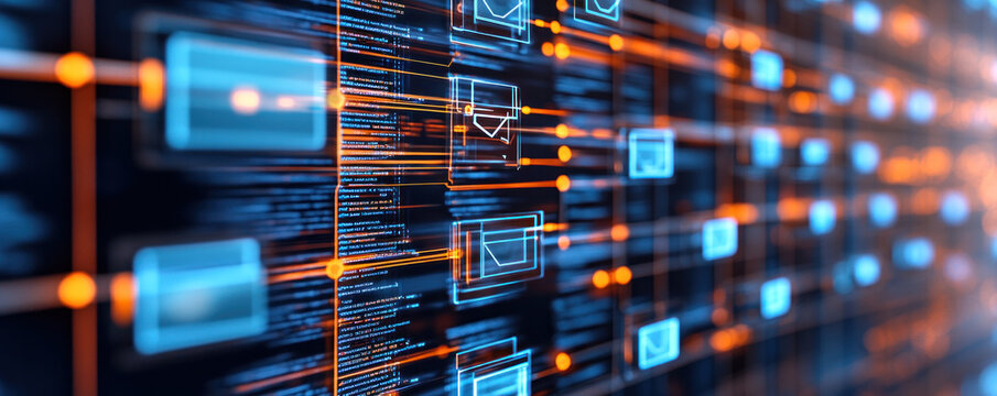 A computer screen with a lot of orange and blue lines and shapes. The lines and shapes are all different sizes and colors