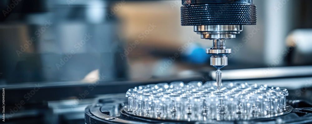 Poster a machine is making a small hole in a round object. the object is made of clear plastic and is being