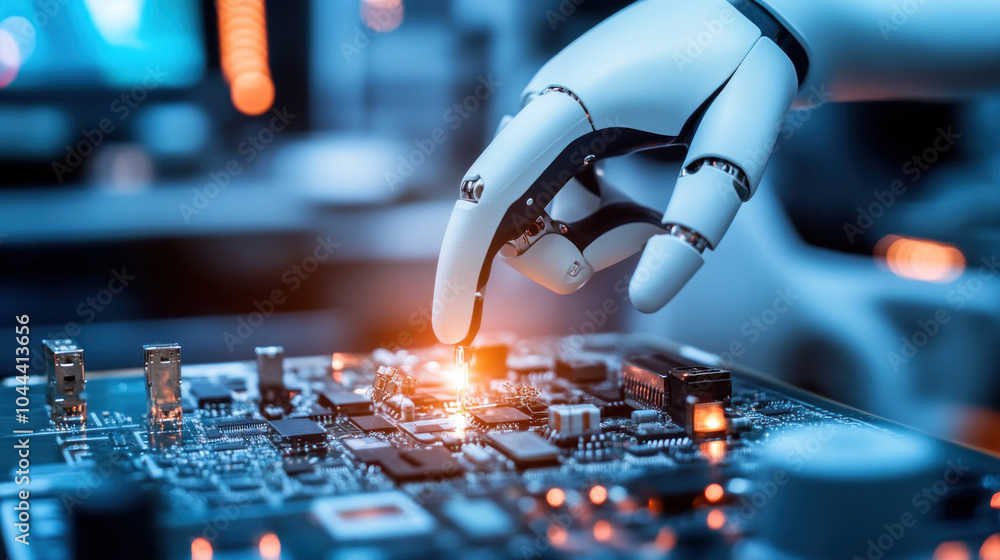 Poster a robot is touching a computer chip. the robot is white and has a black hand. the image has a futuri