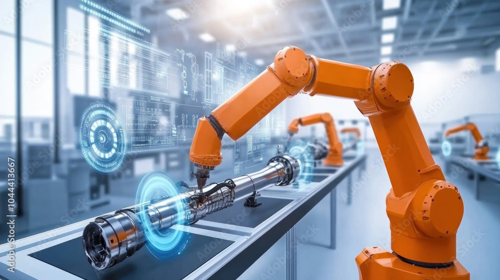 Poster a robot is working on a machine in a factory. the robot is orange and has a blue light on its head. 