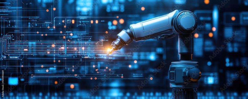 Poster a robot is seen in a futuristic cityscape with a glowing red light coming from its arm. the robot is