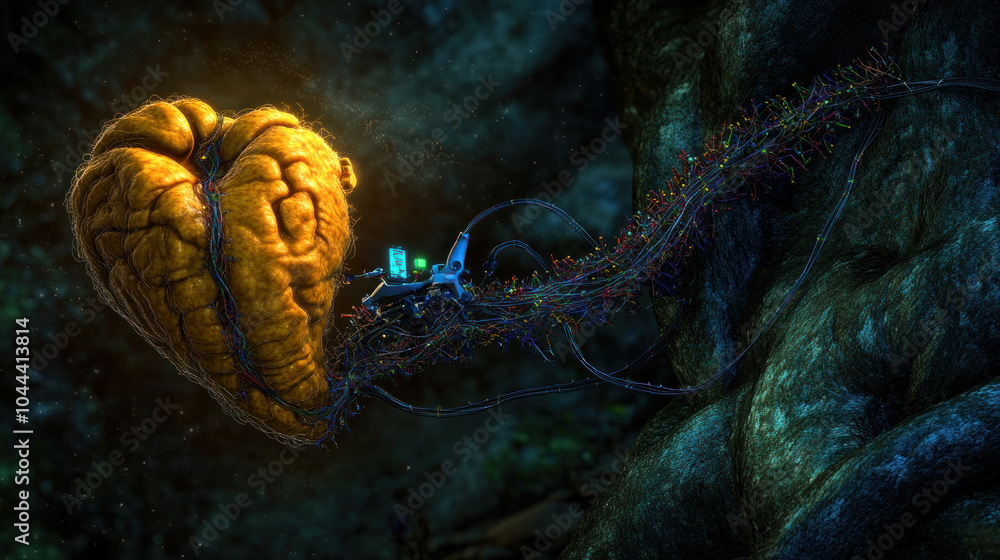 Poster a large, yellow brain is surrounded by a bunch of wires, with a blue light shining on it. the wires 