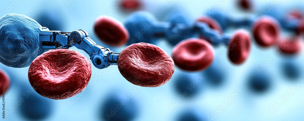 Aufkleber a close up of red and blue blood cells with a robot in the middle. the robot is surrounded by the bl