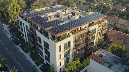 Fototapeta premium Modern Apartment Building with Rooftop Solar Panels and Greenery