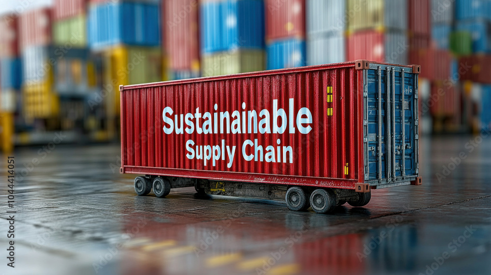 Poster a red container with the word sustainable on it. it is a supply chain container