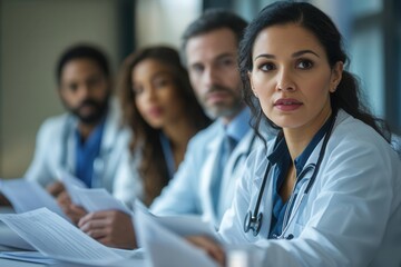 Fototapeta premium Team of medical professionals, diverse ethnicities, analyzing reports in a modern clinical setting, detailed expressions, realism