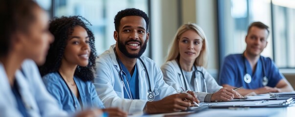 Diverse group of healthcare workers in a modern meeting space, reviewing clinical data, varied backgrounds, high-resolution
