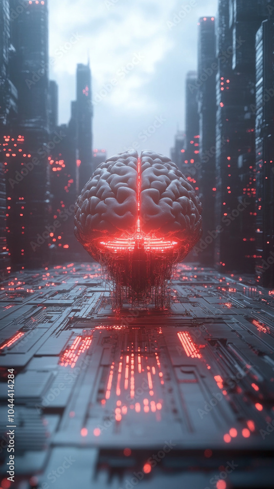 Aufkleber a brain with a red light on it is in a city. the brain is surrounded by a lot of technology and it l