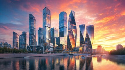 Fototapeta premium illustration of a modern city surrounded by water with a beautiful sunset