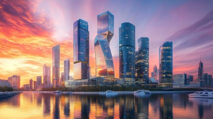 Fototapeta premium illustration of a modern city surrounded by water with a beautiful sunset