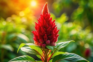 Against a vibrant green backdrop, a striking red Celosia flower blooms brilliantly, illuminated by natural light that highlights its beautiful petals and lush environment.